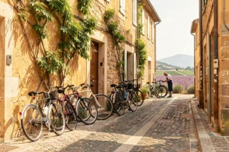 Scène de réparation de vélos en plein air dans une rue provençale avec plusieurs vélos appuyés contre un mur en pierre ocre et un mécanicien en tablier au travail