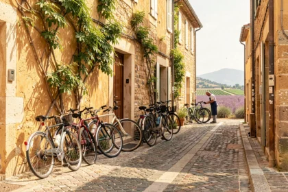 Scène de réparation de vélos en plein air dans une rue provençale avec plusieurs vélos appuyés contre un mur en pierre ocre et un mécanicien en tablier au travail