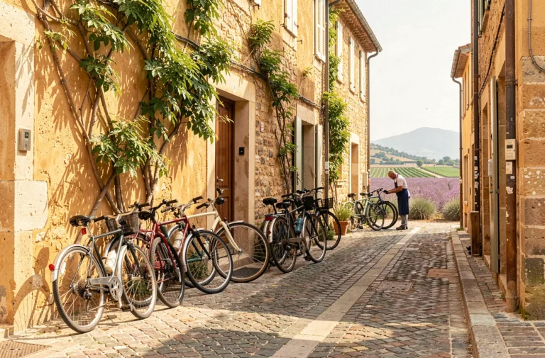 Scène de réparation de vélos en plein air dans une rue provençale avec plusieurs vélos appuyés contre un mur en pierre ocre et un mécanicien en tablier au travail