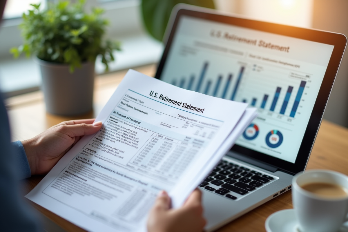 Mains tenant un relevé de retraite avec un ordinateur portable
