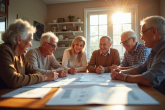 Groupe de seniors souriants discutant de finances à la maison