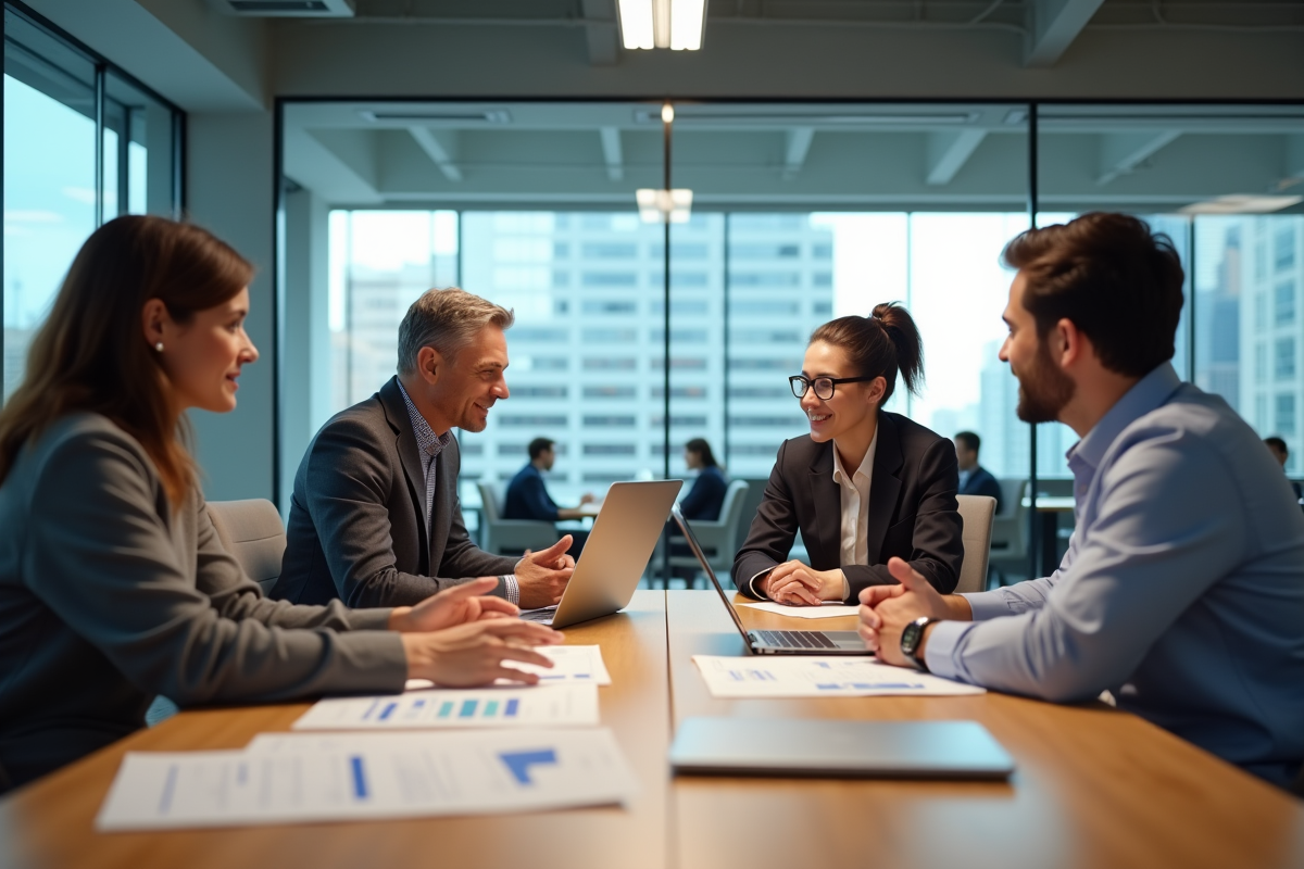 Groupe diversifié en réunion d evaluation dans un espace moderne