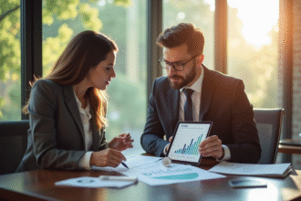 Businesswoman et businessman discutant dans un bureau lumineux