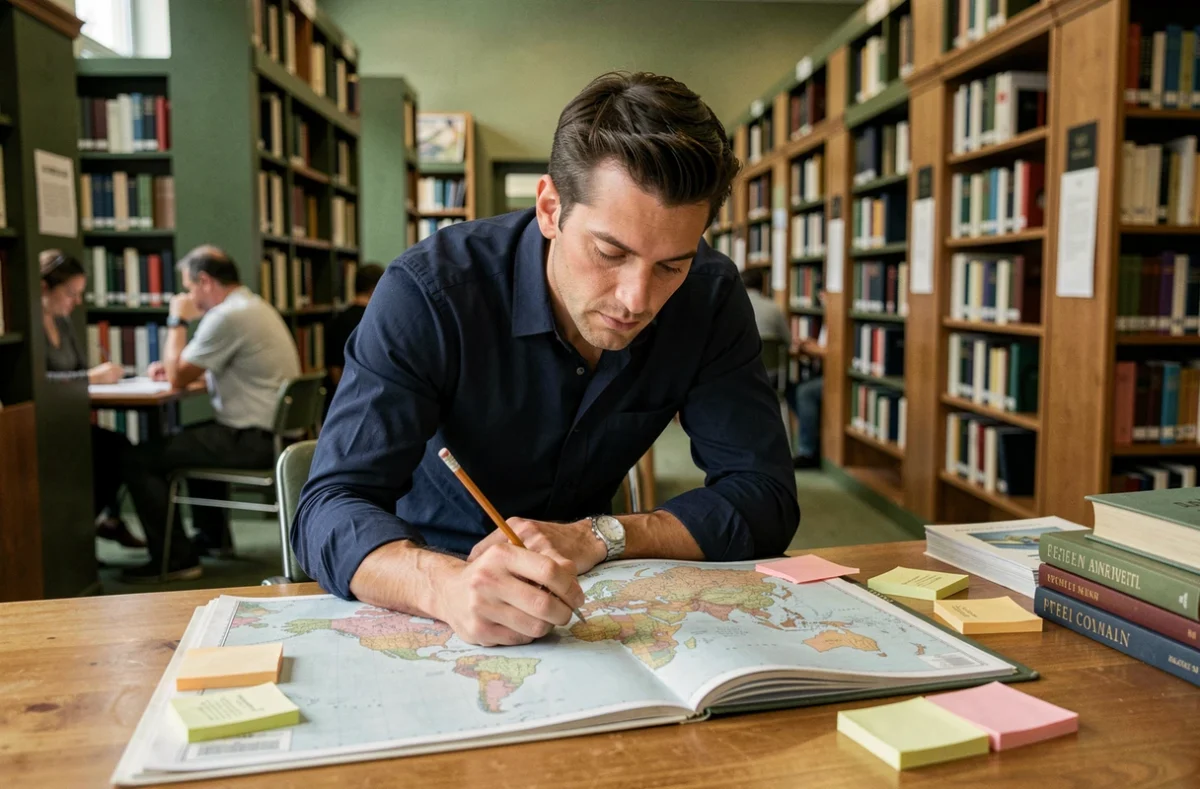 Homme en chemise bleue étudiant un atlas mondial ouvert dans une bibliothèque publique, entouré de notes autocollantes pour réviser les capitales