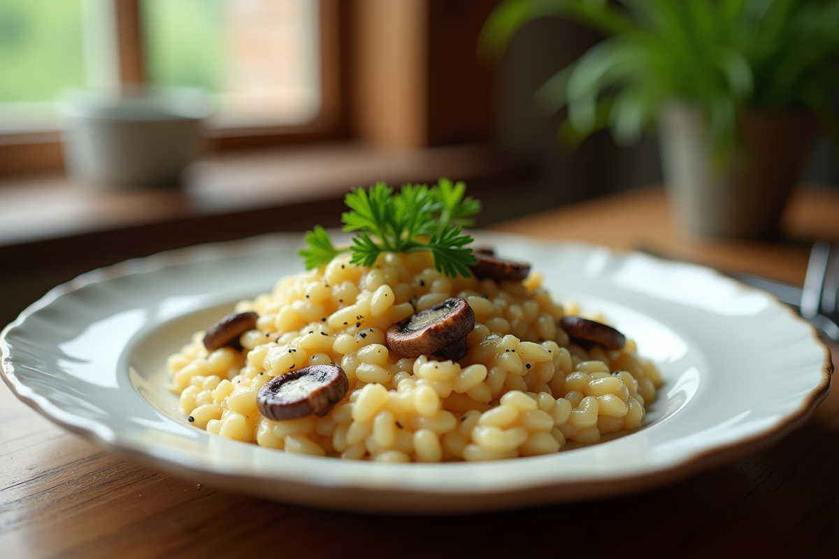 Risotto crémeux aux chanterelles garni de persil sur une table en bois