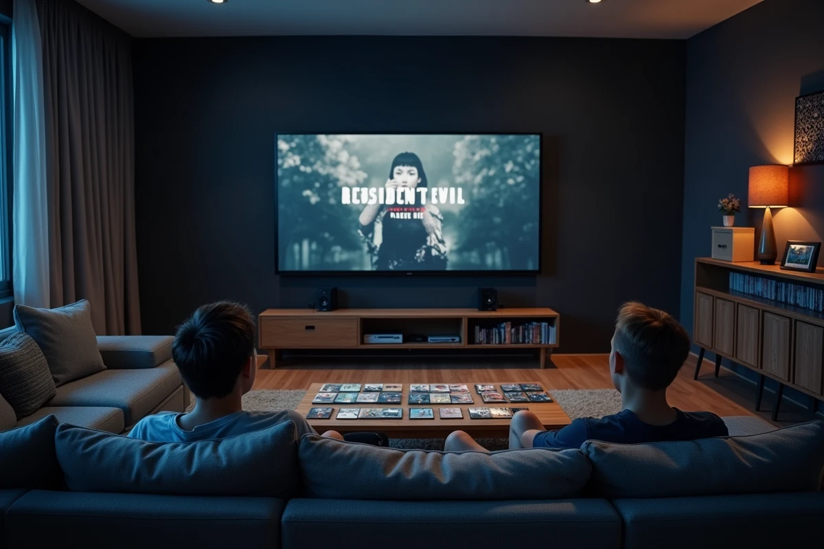 Deux personnes dans une salle de cinéma maison classant les films Resident Evil dans l'ordre chronologique
