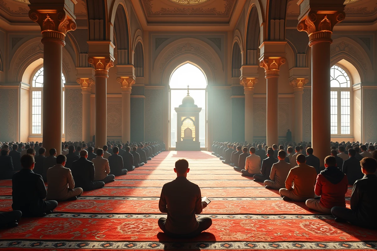Salle de prière d'une mosquée parisienne avec des fidèles assis sur des tapis après la prière