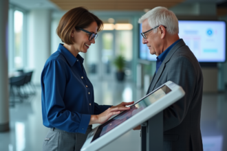 Secretaire aidant un senior au kiosque numérique
