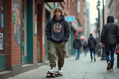 Jeune homme en skateboard dans une ville urbaine dynamique