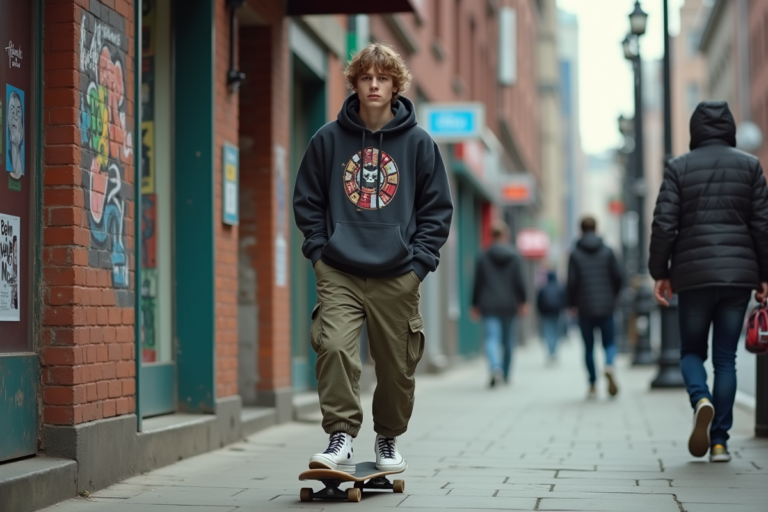Jeune homme en skateboard dans une ville urbaine dynamique