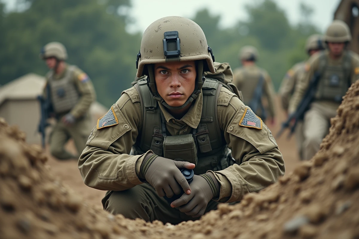 Jeune soldat américain en position dans un camp militaire