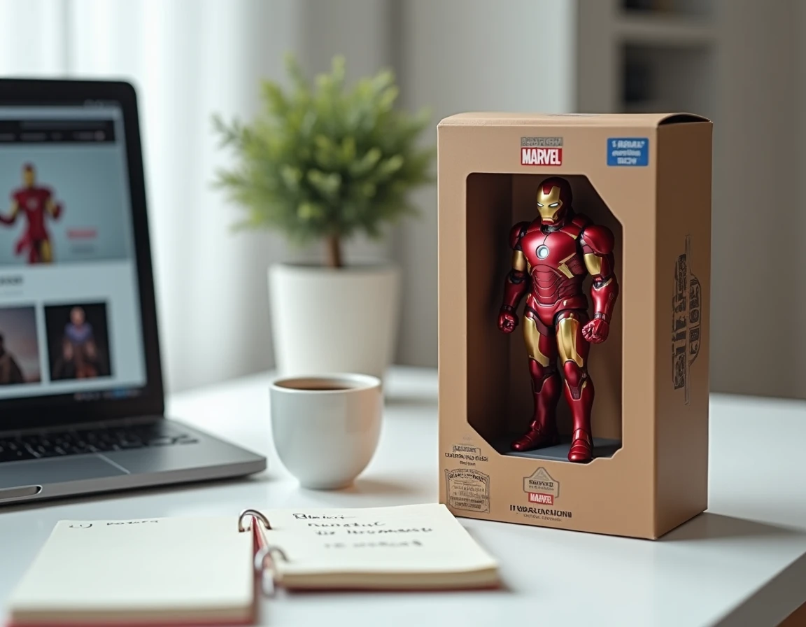 Boîte d'emballage officielle d'une statue Iron Man édition limitée posée sur un bureau avec un site e-commerce français ouvert sur laptop