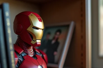Statue officielle Iron Man en résine rouge et or posée sur une étagère en bois dans un appartement parisien moderne