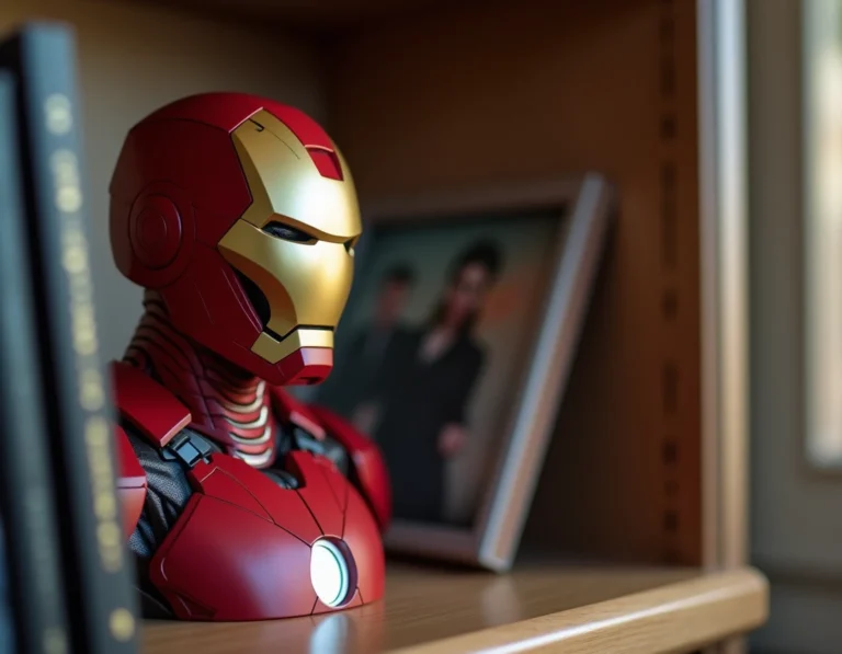 Statue officielle Iron Man en résine rouge et or posée sur une étagère en bois dans un appartement parisien moderne