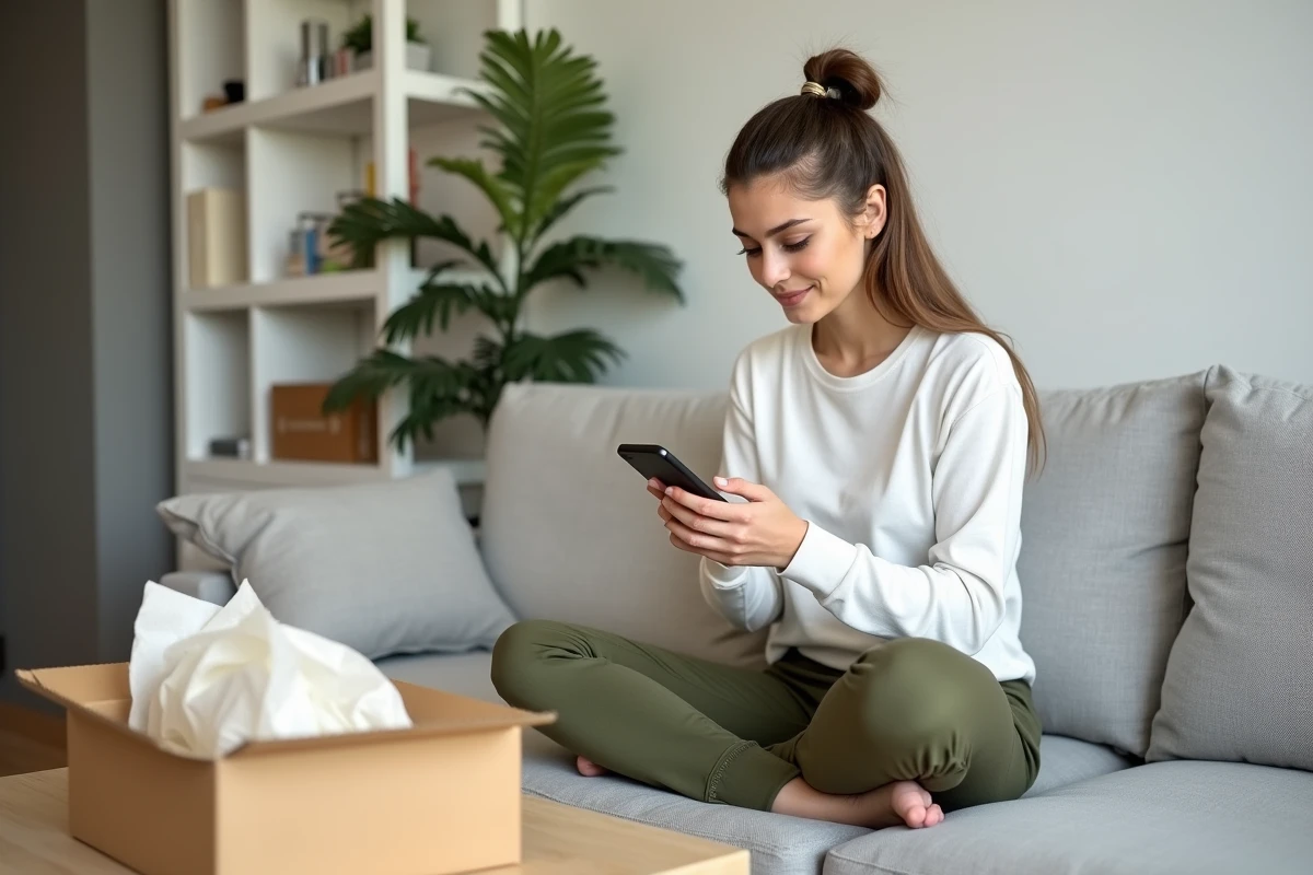 Jeune femme consultant le suivi de retour colis La Poste sur smartphone avec un article défectueux emballé