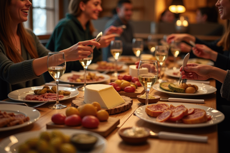 Table de raclette conviviale dans un chalet alpin avec amis