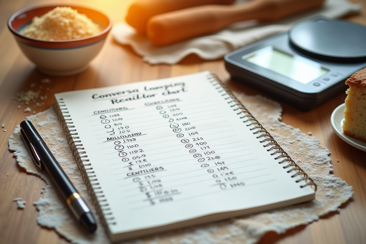 Tableau de conversion ml en cl avec balance et ingrédients de pâtisserie