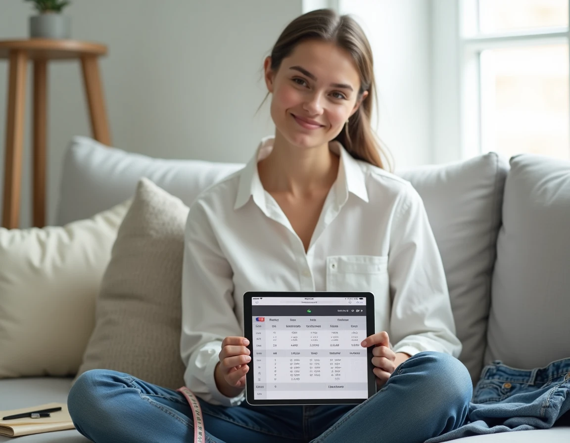 Jeune femme assise sur un canapé consultant un tableau de conversion tailles pouces et centimètres sur tablette pour choisir la bonne taille de vêtement en ligne