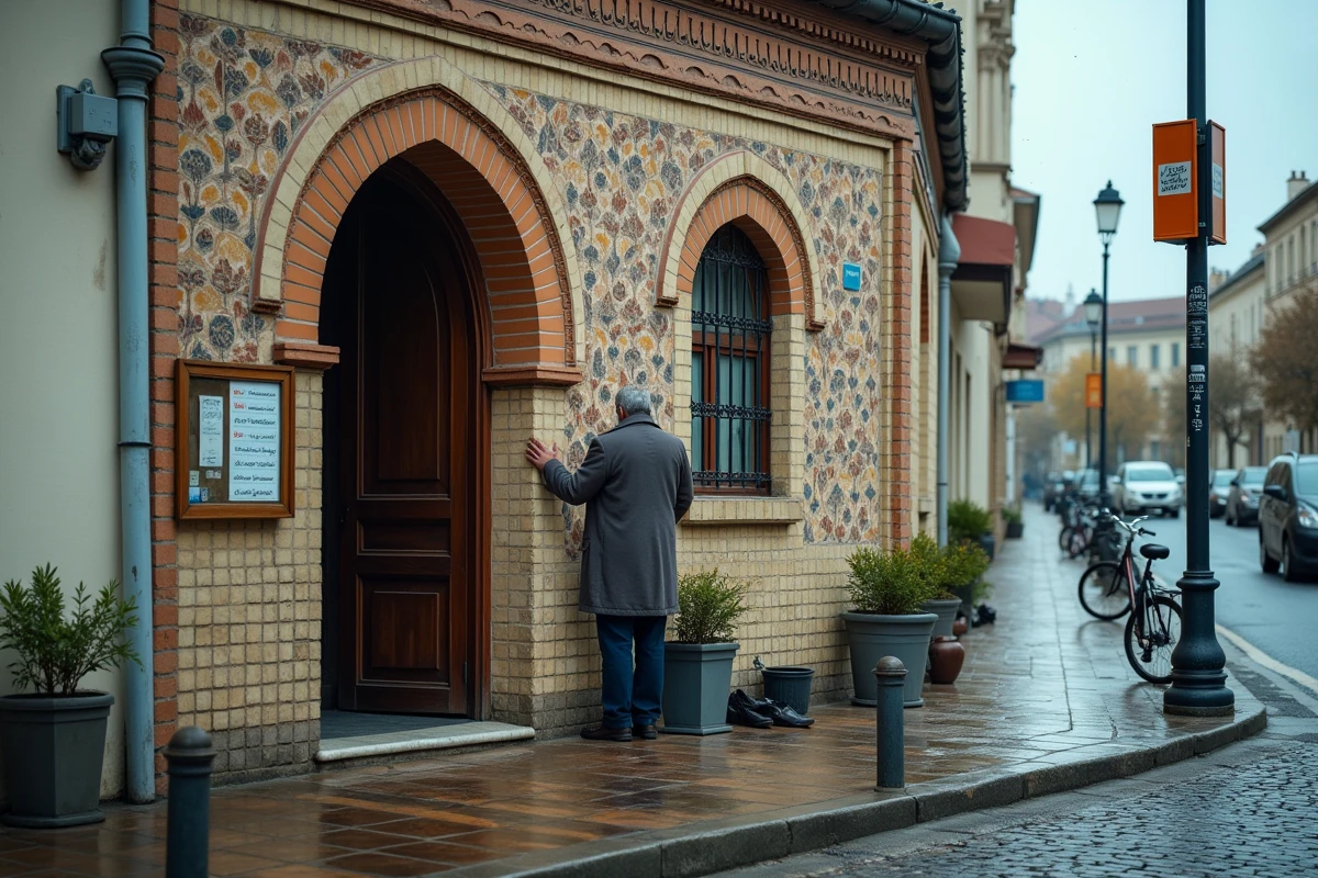 Tableau des horaires de prière affiché à l'entrée d'une mosquée de quartier à Argenteuil