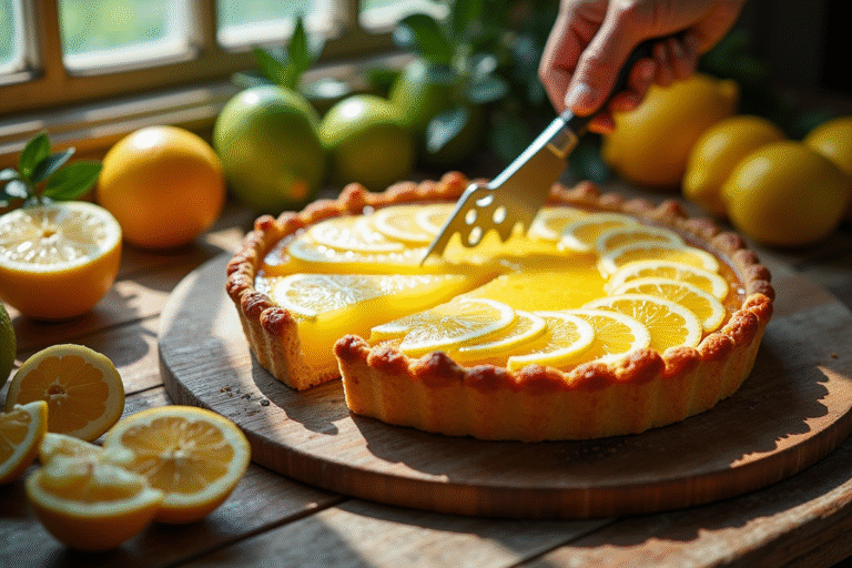 Tarte citron lime tranchée sur table rustique avec fruits frais