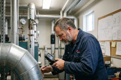Technicien industriel utilisant un videoscope dans un local technique