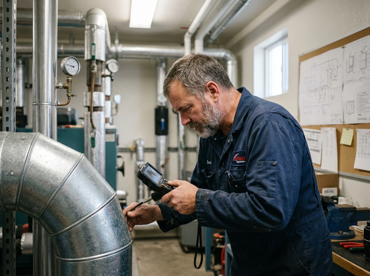 Technicien industriel utilisant un videoscope dans un local technique