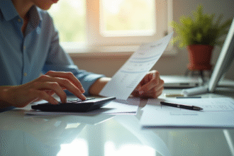 Personne travaillant à un bureau propre avec calculatrice et fiche de paie