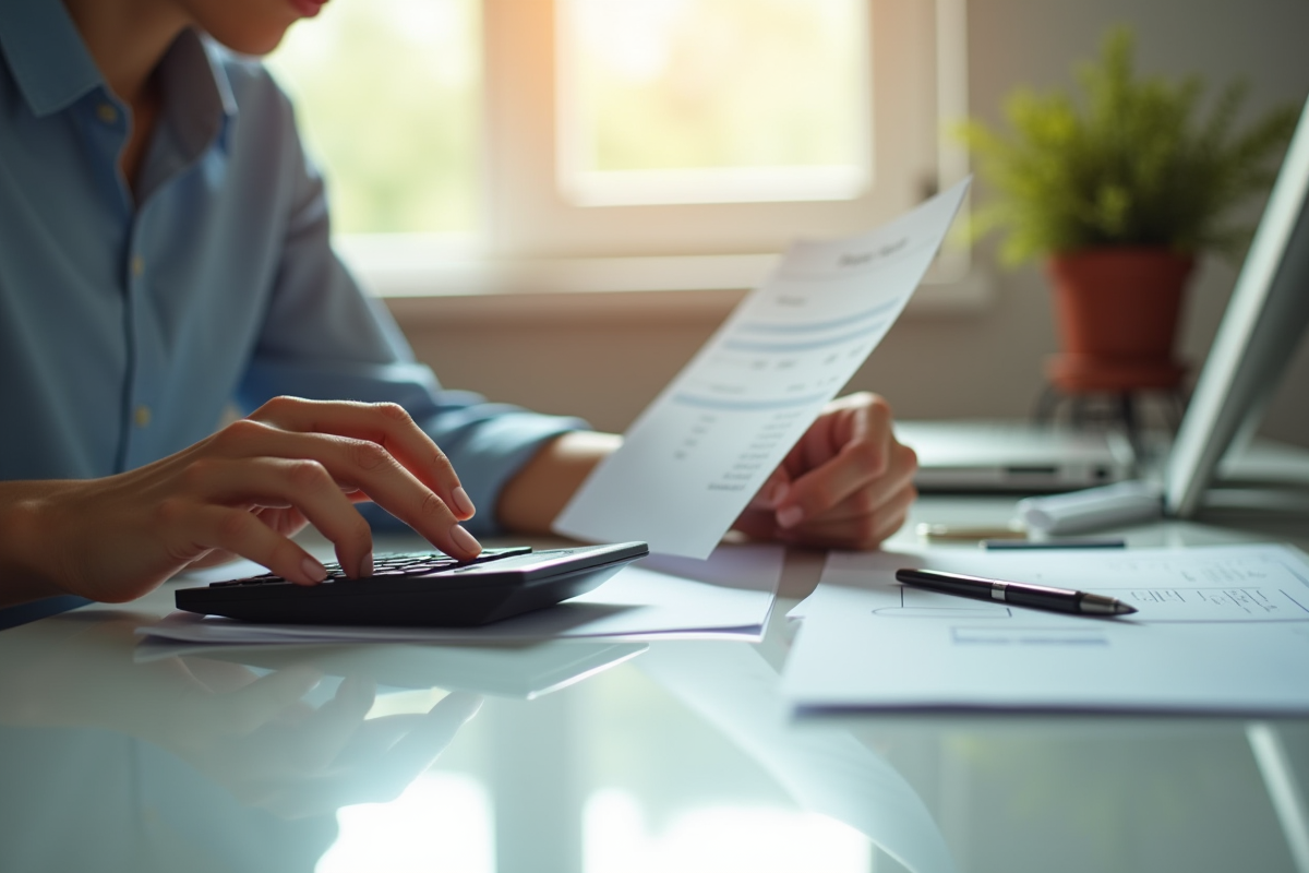 Personne travaillant à un bureau propre avec calculatrice et fiche de paie