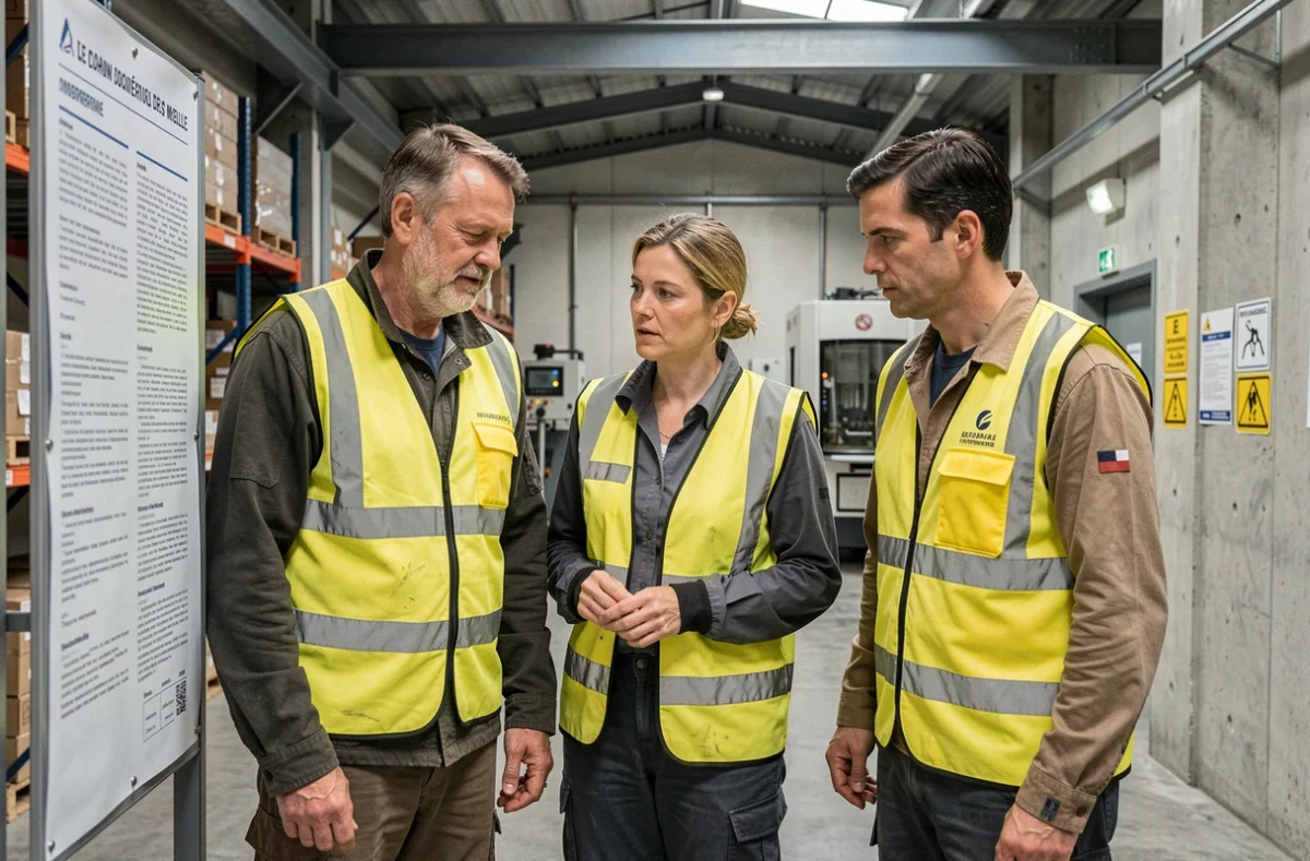 Travailleurs en Moselle consultant les règles des jours fériés en usine