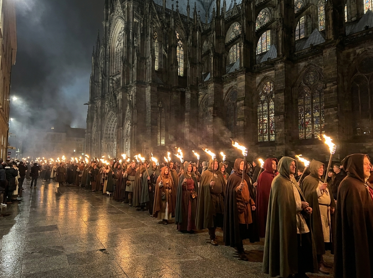 Une procession aux flambeaux, de nuit, dans une rue de granit devant une grande église gothique