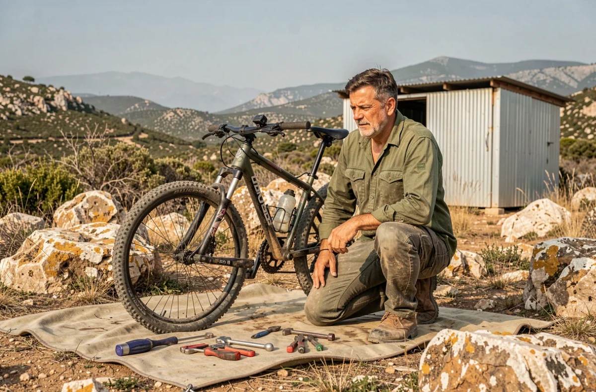 Mécanicien réparant un vélo tout terrain à genoux en extérieur avec les collines provençales en arrière-plan à l'atelier Vélo Max d'Ollioules