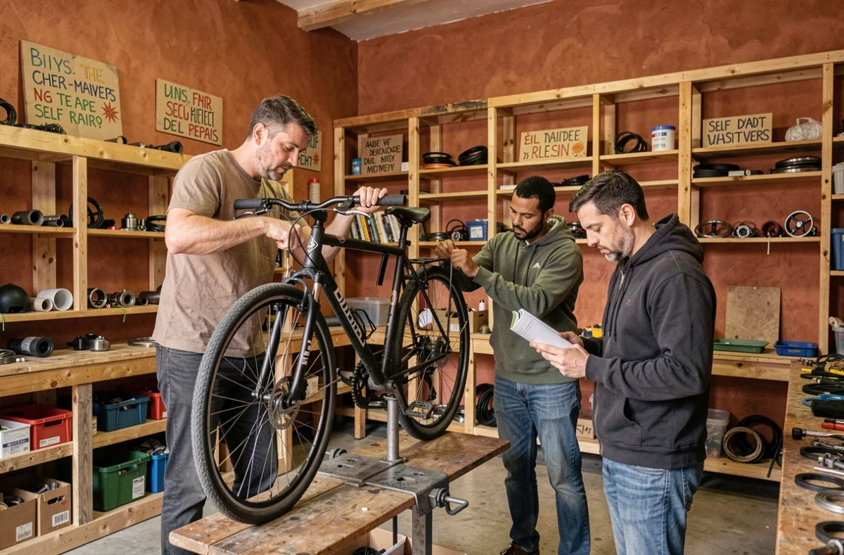 Groupe de cyclistes participant à un atelier de réparation collaboratif autour d'un vélo sur stand dans l'espace Vélo Sapiens à Marseille