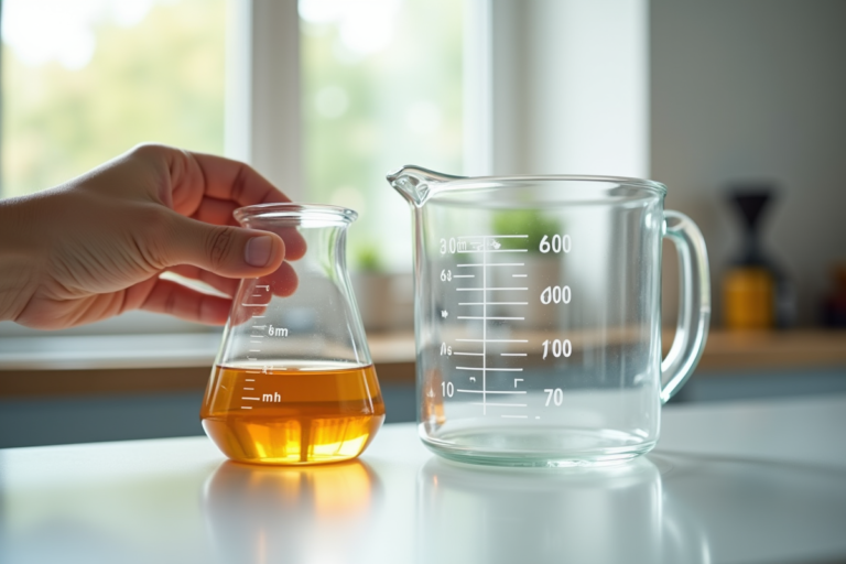 Main tenant un verre de 40 ml avec un grand verre doseur en cuisine