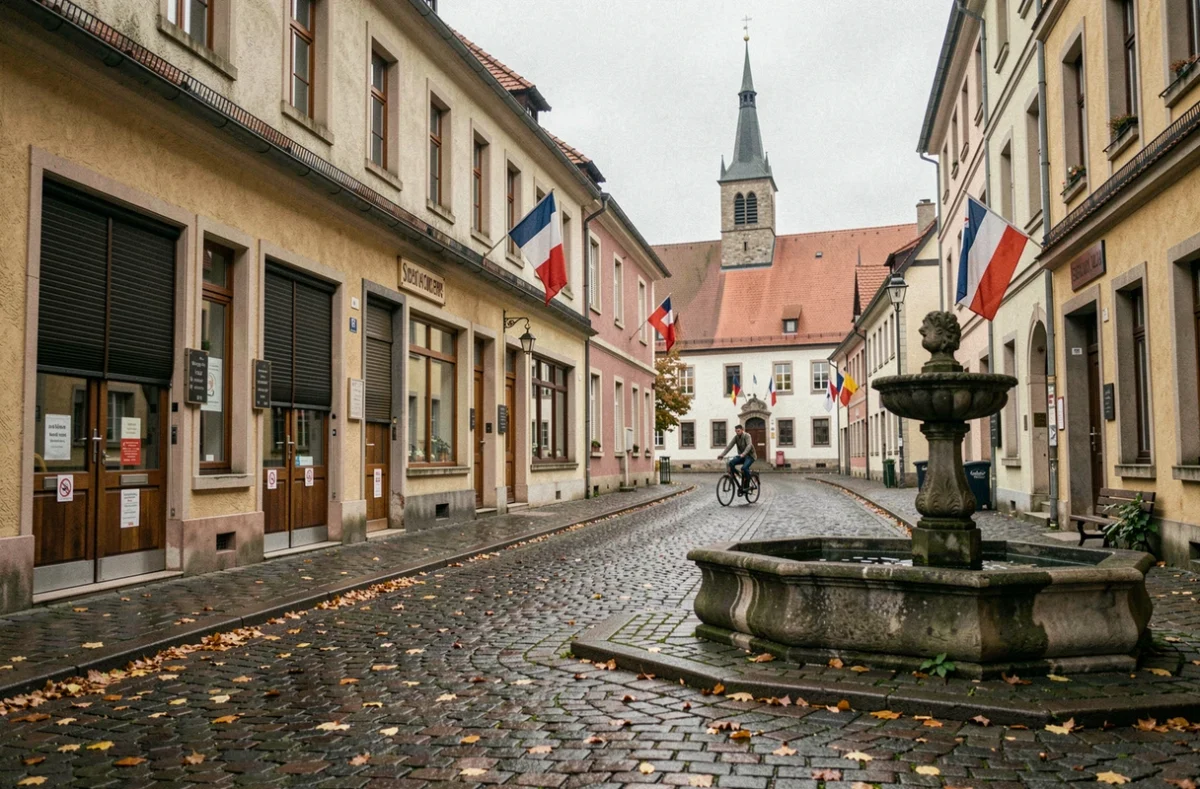 Rue de village alsacien déserte un jour férié local, commerces fermés et drapeaux alsaciens illustrant un jour chômé propre à l'Alsace-Moselle