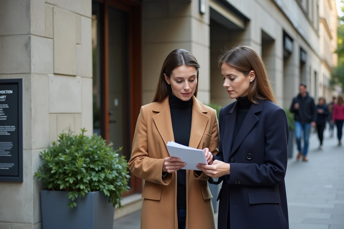 Deux femmes consultant un programme d'exposition devant un centre d'art contemporain à Lyon