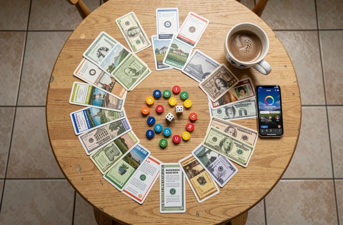 Vue aérienne d'un plateau de jeu de société avec billets, pions et dés sur table en bois