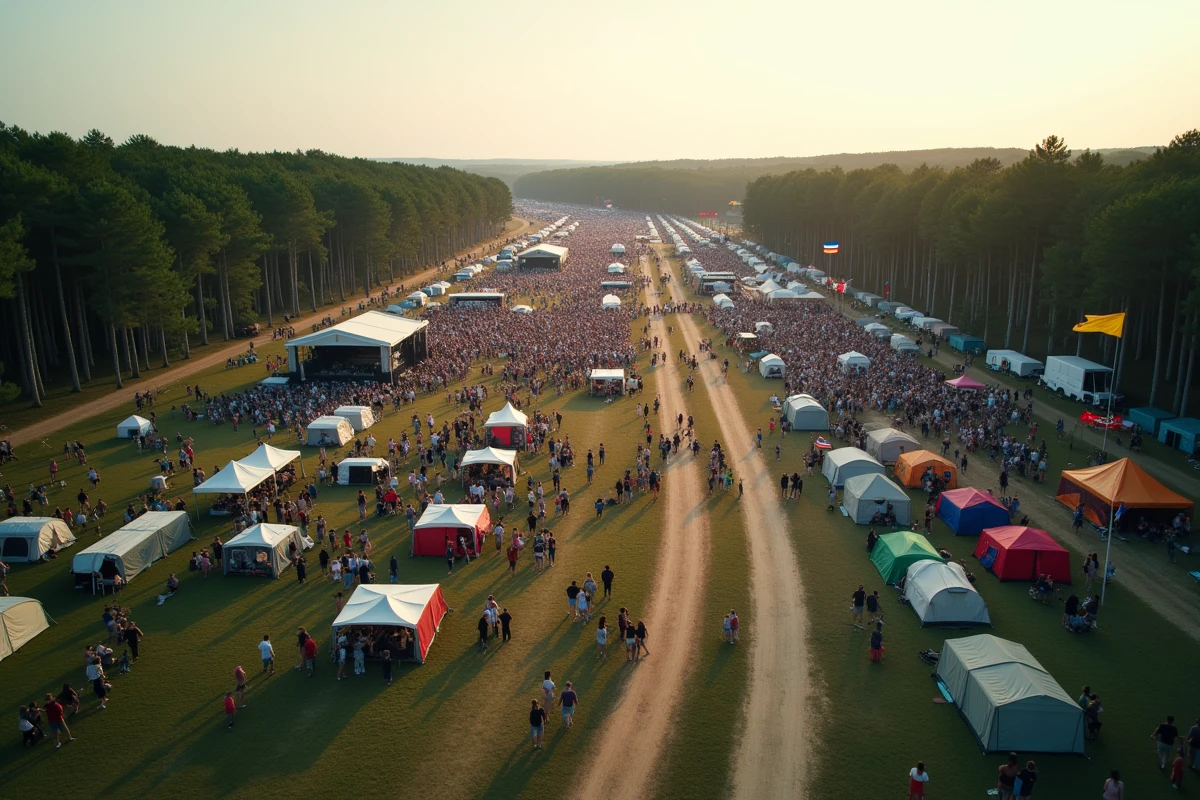 Vue aérienne panoramique du site du festival des Vieilles Charrues au coucher du soleil avec campings et scènes
