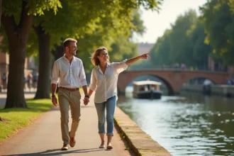 Couple se promenant le long du Canal du Midi à Toulouse lors d'un week-end ensoleillé