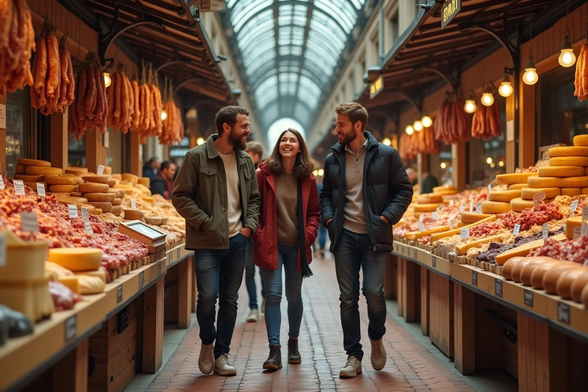Groupe d'amis découvrant les produits locaux au Marché Victor Hugo de Toulouse