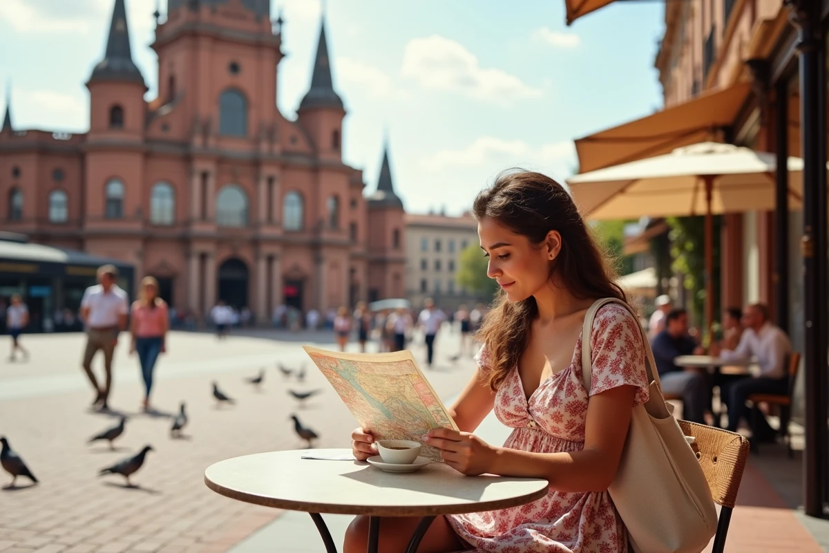Femme seule savourant un café en terrasse sur la Place du Capitole à Toulouse