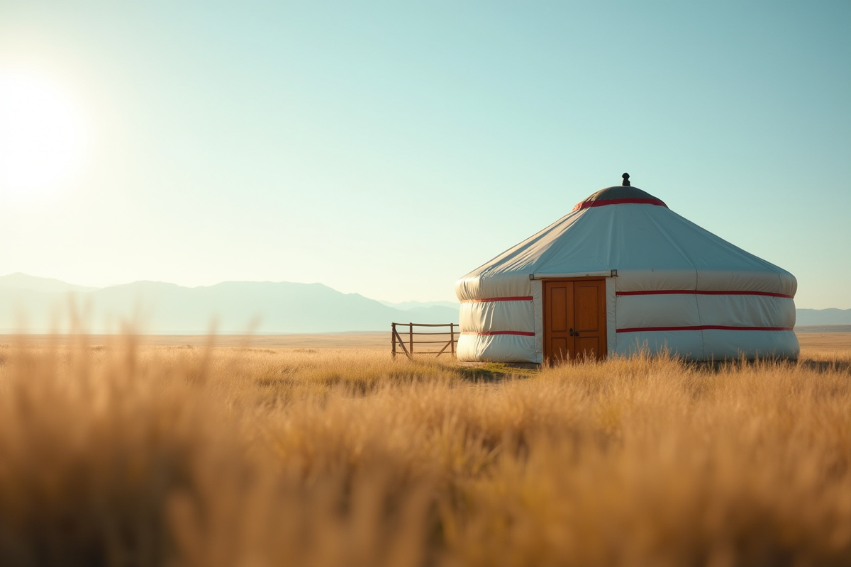 Yourte mongole entourée de paysage naturel sous un ciel clair
